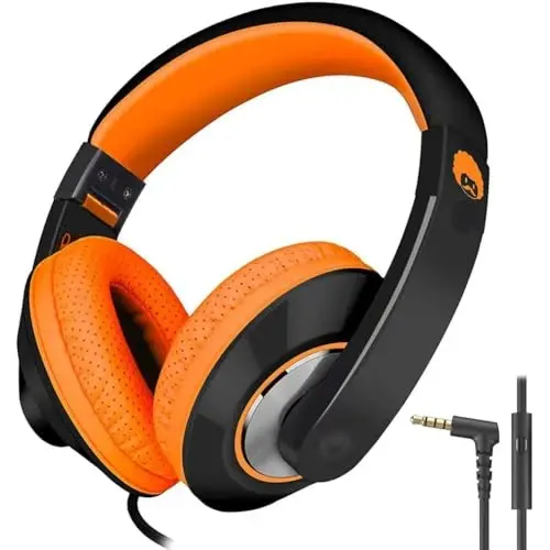 rockpapa Comfort+ Kids Headphones with Microphone, Boys Girls Student Over-Ear Headphones Wired for School Classroom Laptop PC Computer Tablet Black Orange 