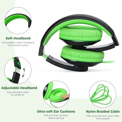 rockpapa Comfort Kids Headphones for School, Lightweight Foldable Portable Childs Boys Girls Headphones Wired 3.5mm with 4.9ft Cord for Travel Airplane Tablet Phone Laptop Black/Green+Black/Purple - 2