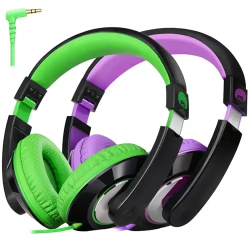 rockpapa Comfort Kids Headphones for School, Lightweight Childrens Boys Girls Teens Over-Ear Headphones Wired 3.5mm for CD DVD Player Tablet Phone Travel Black/Green+Black/Purple 