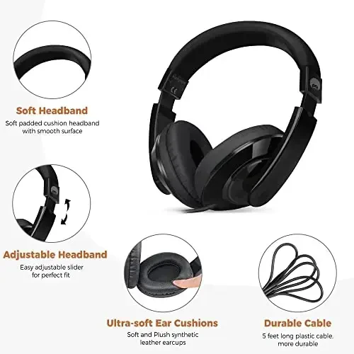 rockpapa Comfort Kids Headphones for School, Lightweight Childrens Boys Girls Teens Over-Ear Headphones Wired 3.5mm for CD DVD Player Tablet Phone Travel Black - ROCKPAPA (1)