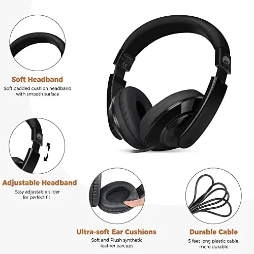 rockpapa Comfort Kids Headphones for School, Lightweight Childrens Boys Girls Teens Over-Ear Headphones Wired 3.5mm for CD DVD Player Tablet Phone Travel Black - 2