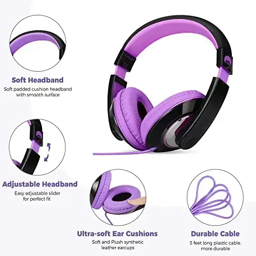 rockpapa Comfort Kids Headphones for School, Lightweight Childrens Boys Girls Teens Over-Ear Headphones Wired 3.5mm for CD DVD Player Tablet Phone Travel Black/Purple - ROCKPAPA (1)