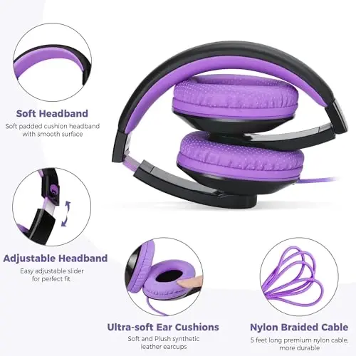 rockpapa Comfort Kids Headphones for School, Lightweight Childrens Boys Girls Teens Over-Ear Headphones Wired 3.5mm for CD DVD Player Tablet Phone Travel Black/Purple - ROCKPAPA (1)