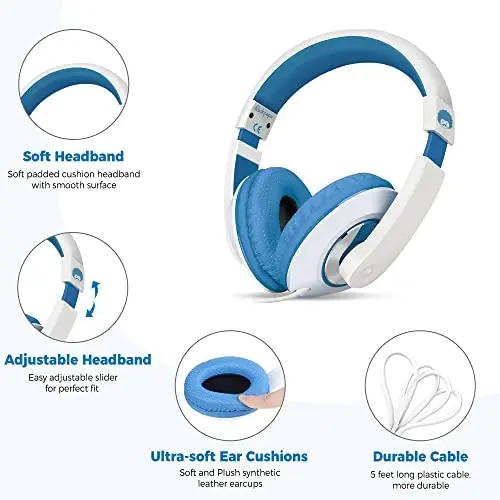 rockpapa Comfort Kids Headphones for School, Lightweight Childrens Boys Girls Teens Over-Ear Headphones Wired 3.5mm for CD DVD Player Tablet Phone Travel White/Blue - 2