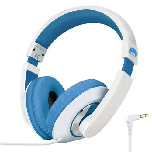 rockpapa Comfort Kids Headphones for School, Lightweight Childrens Boys Girls Teens Over-Ear Headphones Wired 3.5mm for CD DVD Player Tablet Phone Travel White/Blue 