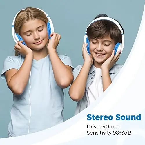 rockpapa Comfort Kids Headphones for School, Lightweight Childrens Boys Girls Teens Over-Ear Headphones Wired 3.5mm for CD DVD Player Tablet Phone Travel White/Blue - 3