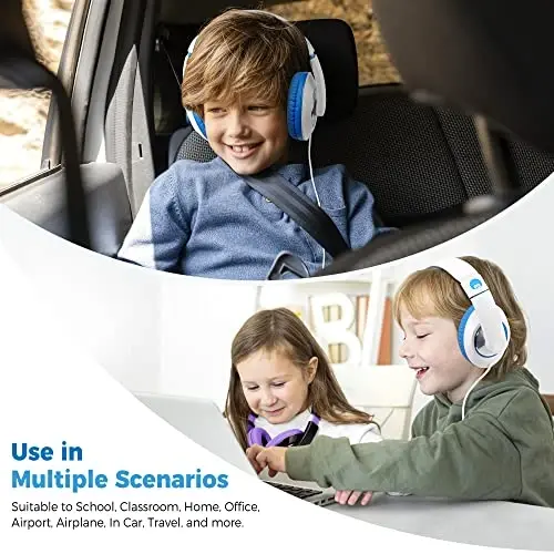 rockpapa Comfort Kids Headphones for School, Lightweight Childrens Boys Girls Teens Over-Ear Headphones Wired 3.5mm for CD DVD Player Tablet Phone Travel White/Blue - 6