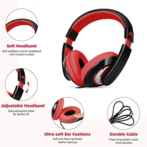 rockpapa Comfort Kids Headphones for School, Lightweight Childrens Boys Girls Teens Over-Ear Headphones Wired 3.5mm for CD DVD Player Tablet Phone Travel Black/Red - 2