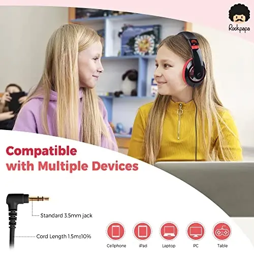 rockpapa Comfort Kids Headphones for School, Lightweight Childrens Boys Girls Teens Over-Ear Headphones Wired 3.5mm for CD DVD Player Tablet Phone Travel Black/Red - 5