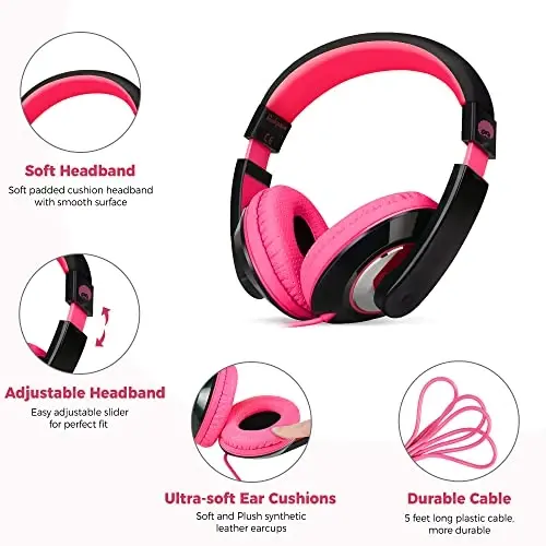 rockpapa Comfort Kids Headphones for School, Lightweight Childrens Boys Girls Teens Over-Ear Headphones Wired 3.5mm for CD DVD Player Tablet Phone Travel Black/Pink - 2