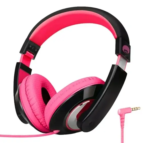 rockpapa Comfort Kids Headphones for School, Lightweight Childrens Boys Girls Teens Over-Ear Headphones Wired 3.5mm for CD DVD Player Tablet Phone Travel Black/Pink 