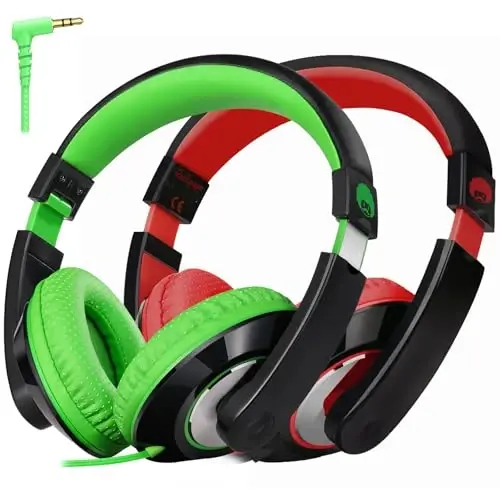 rockpapa Comfort Kids Headphones for School, Lightweight Childrens Boys Girls Teens Over-Ear Headphones Wired 3.5mm for CD DVD Player Tablet Phone Travel Black/Green+Black/Red 