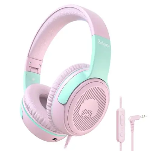 rockpapa Share 1 Kids Headphones Wired with Microphone & Share Port, 85dB/94dB Volume Limited, Cute Foldable Student Child Boys Girls Headphones for School/Classroom/Travel Pink/Green 