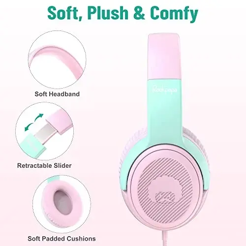 rockpapa Share 1 Kids Headphones Wired with Microphone & Share Port, 85dB/94dB Volume Limited, Cute Foldable Student Child Boys Girls Headphones for School/Classroom/Travel Pink/Green - 2