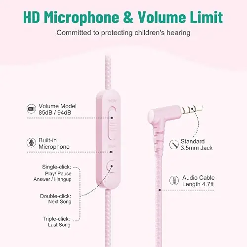 rockpapa Share 1 Kids Headphones Wired with Microphone & Share Port, 85dB/94dB Volume Limited, Cute Foldable Student Child Boys Girls Headphones for School/Classroom/Travel Pink/Green - 3