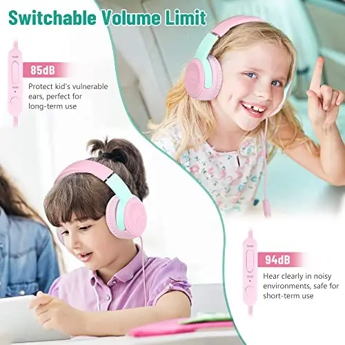rockpapa Share 1 Kids Headphones Wired with Microphone & Share Port, 85dB/94dB Volume Limited, Cute Foldable Student Child Boys Girls Headphones for School/Classroom/Travel Pink/Green - 5
