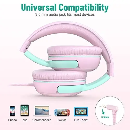 rockpapa Share 1 Kids Headphones Wired with Microphone & Share Port, 85dB/94dB Volume Limited, Cute Foldable Student Child Boys Girls Headphones for School/Classroom/Travel Pink/Green - 6