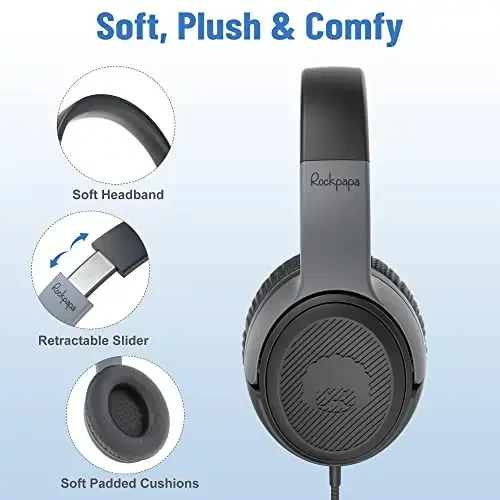 rockpapa Share 1 Kids Headphones Wired with Microphone & Share Port, 85dB/94dB Volume Limited, Cute Foldable Student Child Boys Girls Headphones for School/Classroom/Travel Black/Grey - 2