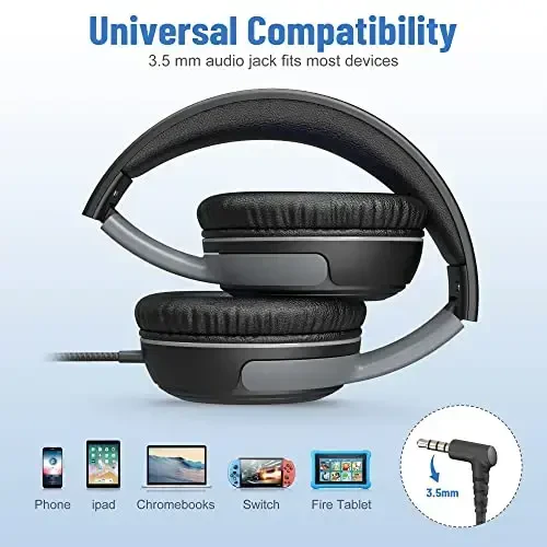 rockpapa Share 1 Kids Headphones Wired with Microphone & Share Port, 85dB/94dB Volume Limited, Cute Foldable Student Child Boys Girls Headphones for School/Classroom/Travel Black/Grey - 6