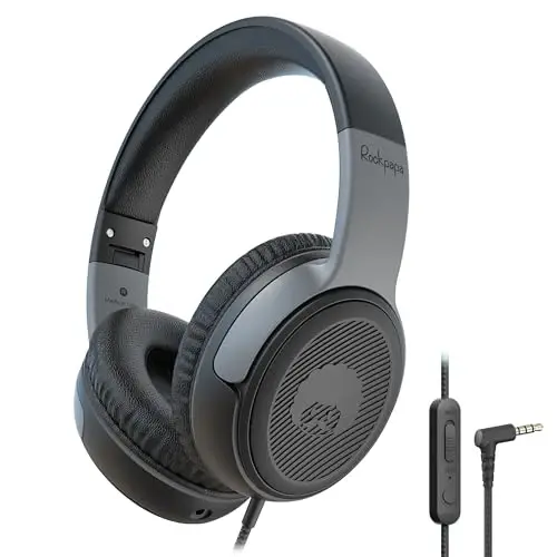 rockpapa Share 1 Kids Headphones Wired with Microphone & Share Port, 85dB/94dB Volume Limited, Cute Foldable Student Child Boys Girls Headphones for School/Classroom/Travel Black/Grey 