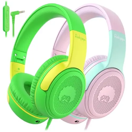 rockpapa Share 1 Kids Headphones Wired with Microphone & Share Port, 85dB/94dB Volume Limited, Cute Foldable Student Child Boys Girls Headphones for School/Travel Green/Yellow+Pink/Green 