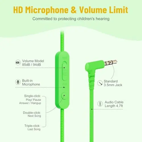 rockpapa Share 1 Kids Headphones Wired with Microphone & Share Port, 85dB/94dB Volume Limited, Cute Foldable Student Child Boys Girls Headphones for School/Travel Green/Yellow+Pink/Green - 4