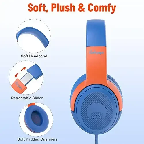 rockpapa Share 1 Kids Headphones Wired with Microphone & Share Port, 85dB/94dB Volume Limited, Cute Foldable Student Child Boys Girls Headphones for School/Classroom/Travel Blue/Orange - ROCKPAPA (1)
