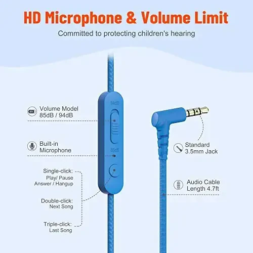 rockpapa Share 1 Kids Headphones Wired with Microphone & Share Port, 85dB/94dB Volume Limited, Cute Foldable Student Child Boys Girls Headphones for School/Classroom/Travel Blue/Orange - 4