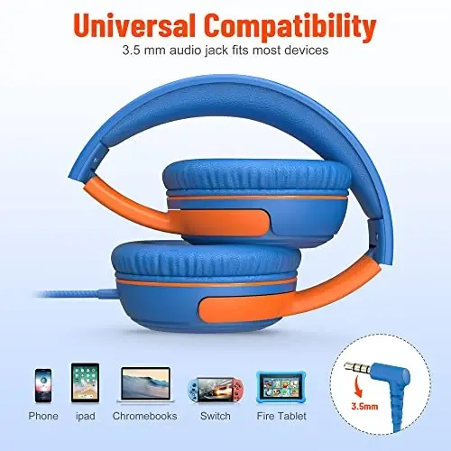 rockpapa Share 1 Kids Headphones Wired with Microphone & Share Port, 85dB/94dB Volume Limited, Cute Foldable Student Child Boys Girls Headphones for School/Classroom/Travel Blue/Orange - 5