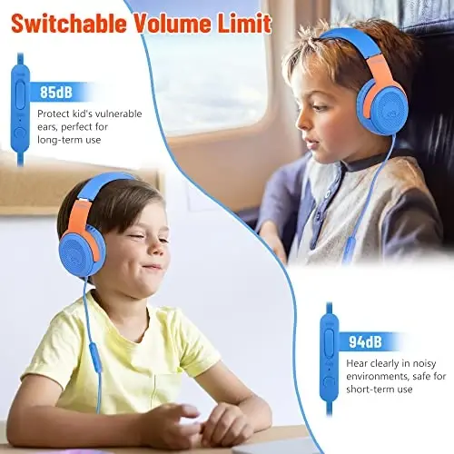 rockpapa Share 1 Kids Headphones Wired with Microphone & Share Port, 85dB/94dB Volume Limited, Cute Foldable Student Child Boys Girls Headphones for School/Classroom/Travel Blue/Orange - 6