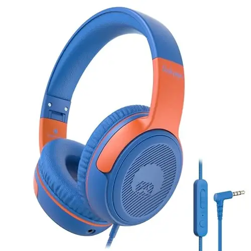 rockpapa Share 1 Kids Headphones Wired with Microphone & Share Port, 85dB/94dB Volume Limited, Cute Foldable Student Child Boys Girls Headphones for School/Classroom/Travel Blue/Orange 