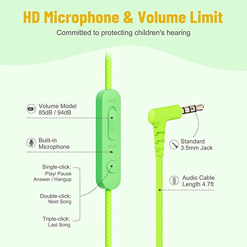 rockpapa Share 1 Kids Headphones Wired with Microphone & Share Port, 85dB/94dB Volume Limited, Cute Foldable Student Child Boys Girls Headphones for School/Classroom/Travel Green/Yellow - 4