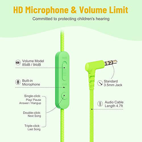 rockpapa Share 1 Kids Headphones Wired with Microphone & Share Port, 85dB/94dB Volume Limited, Cute Foldable Student Child Boys Girls Headphones for School/Classroom/Travel Green/Yellow - 4