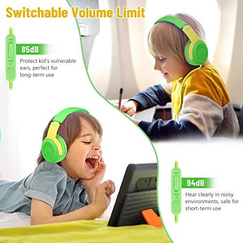 rockpapa Share 1 Kids Headphones Wired with Microphone & Share Port, 85dB/94dB Volume Limited, Cute Foldable Student Child Boys Girls Headphones for School/Classroom/Travel Green/Yellow - 5