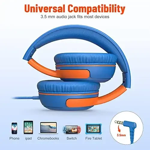 rockpapa Share 1 Kids Headphones Wired with Microphone & Share Port, 85dB/94dB Volume Limited, Cute Foldable Student Child Boys Girls Headphones for School/Classroom/Travel Blue/Orange - 5