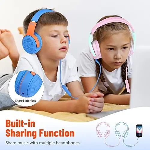 rockpapa Share 1 Kids Headphones Wired with Microphone & Share Port, 85dB/94dB Volume Limited, Cute Foldable Student Child Boys Girls Headphones for School/Classroom/Travel Blue/Orange - 3