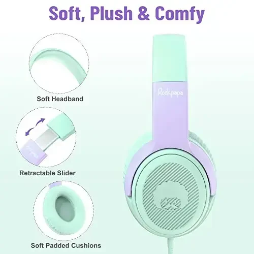 rockpapa Share 1 Kids Headphones Wired with Microphone & Share Port, 85dB/94dB Volume Limited, Cute Foldable Student Child Boys Girls Headphones for School/Classroom/Travel Green/Purple - 2