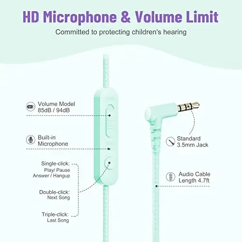 rockpapa Share 1 Kids Headphones Wired with Microphone & Share Port, 85dB/94dB Volume Limited, Cute Foldable Student Child Boys Girls Headphones for School/Classroom/Travel Green/Purple - 3
