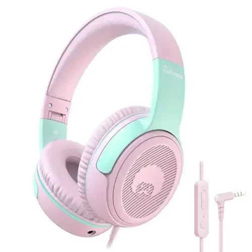 rockpapa Share 1 Kids Headphones Wired with Microphone & Share Port, 85dB/94dB Volume Limited, Cute Foldable Student Child Boys Girls Headphones for School/Classroom/Travel Pink/Green - 1