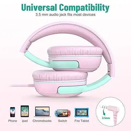 rockpapa Share 1 Kids Headphones Wired with Microphone & Share Port, 85dB/94dB Volume Limited, Cute Foldable Student Child Boys Girls Headphones for School/Classroom/Travel Pink/Green - 6