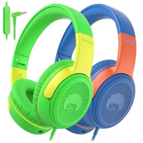 rockpapa Share 1 Kids Headphones Wired with Microphone & Share Port, 85dB/94dB Volume Limited, Cute Foldable Student Child Boys Girls Headphones for School/Travel Green/Yellow+Blue/Orange - 1