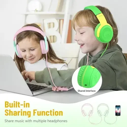 rockpapa Share 1 Kids Headphones Wired with Microphone & Share Port, 85dB/94dB Volume Limited, Cute Foldable Student Child Boys Girls Headphones for School/Travel Green/Yellow+Pink/Green - 3