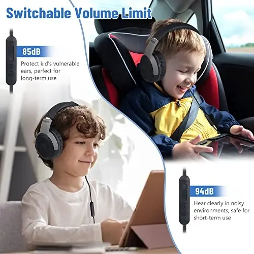 rockpapa Share 1 Kids Mikrofon va Share Portli simli naushniklar, 85dB/94dB ovoz cheklangan, yoqimli katlanadigan talaba bolalar qizlar uchun maktab/sinf/sayohat uchun qora/kulrang naushniklar - 5