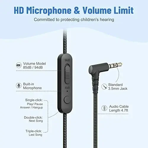 rockpapa Share 1 Kids Mikrofon va Share Portli simli naushniklar, 85dB/94dB ovoz cheklangan, yoqimli katlanadigan talaba bolalar qizlar uchun maktab/sinf/sayohat uchun qora/kulrang naushniklar - 4