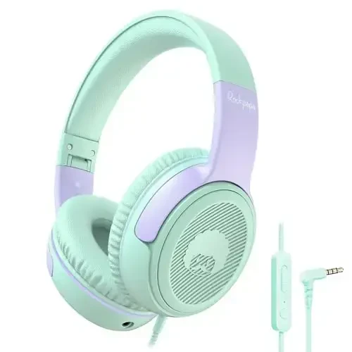 rockpapa Share 1 Kids Headphones Wired with Microphone & Share Port, 85dB/94dB Volume Limited, Cute Foldable Student Child Boys Girls Headphones for School/Classroom/Travel Green/Purple 
