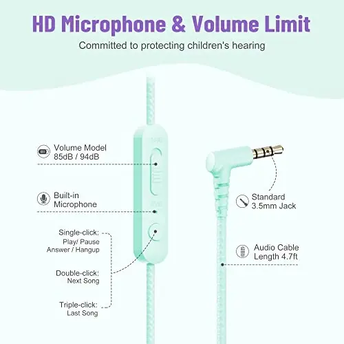 rockpapa Share 1 Kids Headphones Wired with Microphone & Share Port, 85dB/94dB Volume Limited, Cute Foldable Student Child Boys Girls Headphones for School/Classroom/Travel Green/Purple - 3