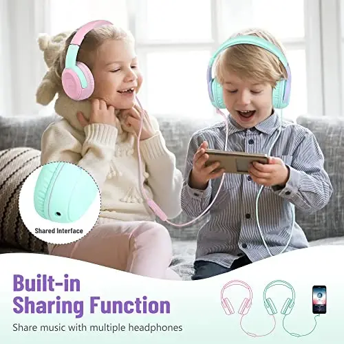 rockpapa Share 1 Kids Headphones Wired with Microphone & Share Port, 85dB/94dB Volume Limited, Cute Foldable Student Child Boys Girls Headphones for School/Classroom/Travel Green/Purple - 4
