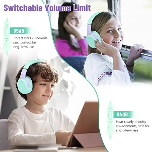 rockpapa Share 1 Kids Headphones Wired with Microphone & Share Port, 85dB/94dB Volume Limited, Cute Foldable Student Child Boys Girls Headphones for School/Classroom/Travel Green/Purple - 5