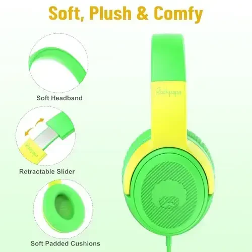 rockpapa Share 1 Kids Headphones Wired with Microphone & Share Port, 85dB/94dB Volume Limited, Cute Foldable Student Child Boys Girls Headphones for School/Travel Green/Yellow+Blue/Orange - ROCKPAPA (1)