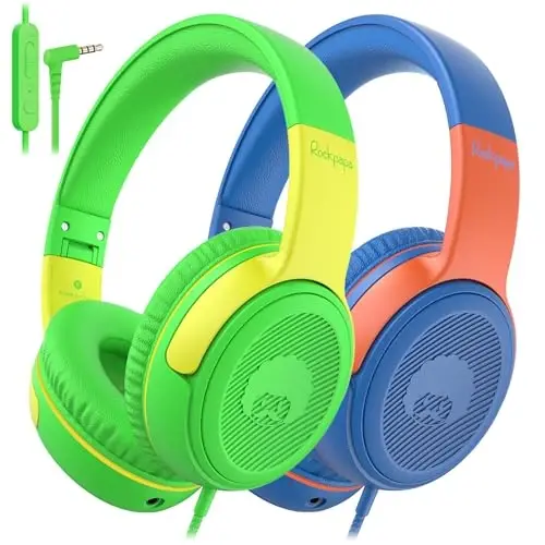 rockpapa Share 1 Kids Headphones Wired with Microphone & Share Port, 85dB/94dB Volume Limited, Cute Foldable Student Child Boys Girls Headphones for School/Travel Green/Yellow+Blue/Orange 